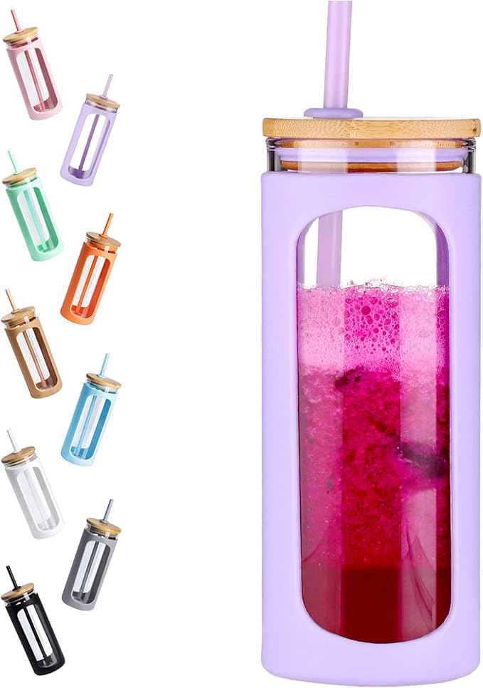 Kodrine 20oz Glass Water Tumbler with Straw and Lid, Bamboo Lids Water Bottle, Iced Coffee Cup Reusable, Wide Mouth Smoothie Cups with Protective Silicone Sleeve BPA FREE-Purple