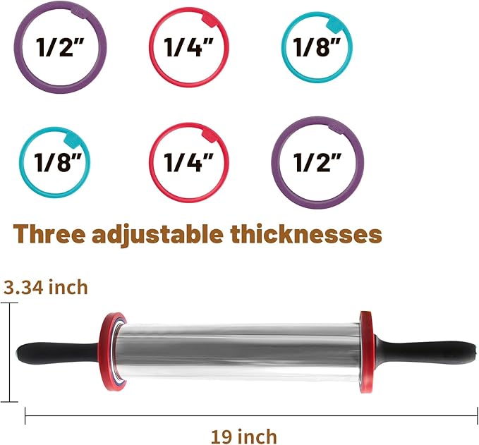 Rolling Pins,Rolling Pin and Silicone Baking Pastry Mat Set,Rolling Pins,Adjustable Stainless Steel Rolling Pin with Thickness Rings for Baking Dough,Pizza,Pie,Pasta