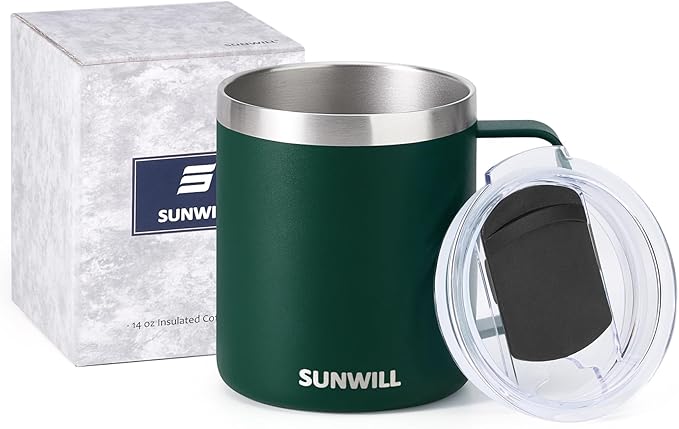 SUNWILL Travel Coffee Mug with Lid, Insulated Cup with Handle, 14 oz Stainless Steel Tumbler for Camping, Office, Outdoor, Powder Coated Forest Green