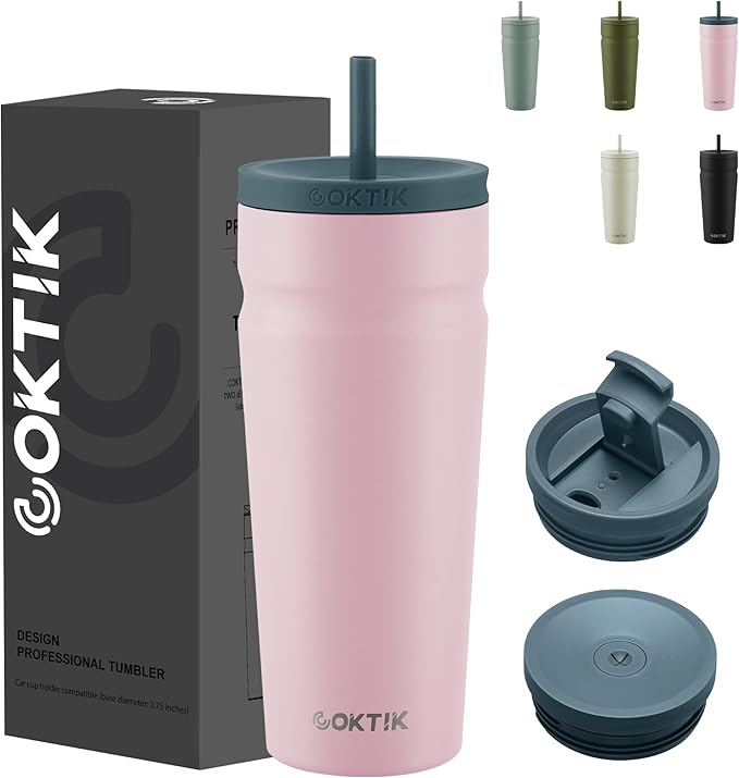 COKTIK 24oz Insulated Tumbler with Lid and Straw 2 Lids (Straw/Flip) Iced Coffee Cup Reusable Stainless Steel Travel Mug Water Bottle Cupholder Friendly for Women Men Her Him (Blush)