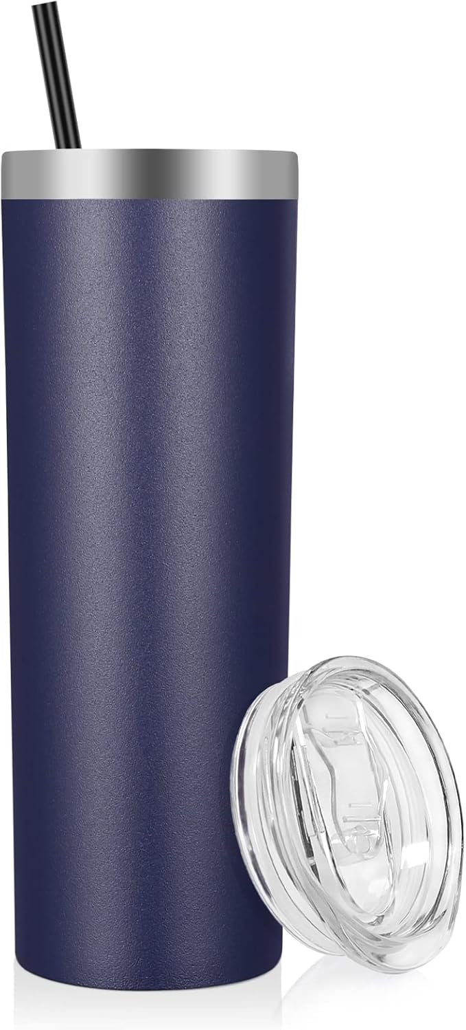 VEGOND Stainless Steel Skinny Tumbler, 20 oz Vacuum Insulated Tumbler with Lid and Straw, Double Wall Coffee Cup, Travel Mug for Cold Hot Drinks, Navy Blue 1 Pack