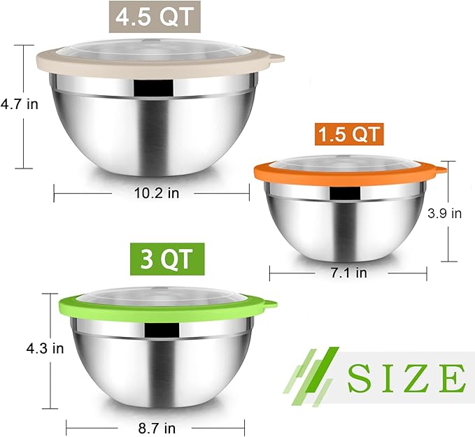 TeamFar Mixing Bowls, 4.5/3/1.5 QT Stainless Steel Nesting Salad Bowls with Airtight Lids, For Serving/Mixing/Storing/Prepping, Non-Toxic & Sturdy, Visible & Easy Clean, Multi-Color, Set of 3