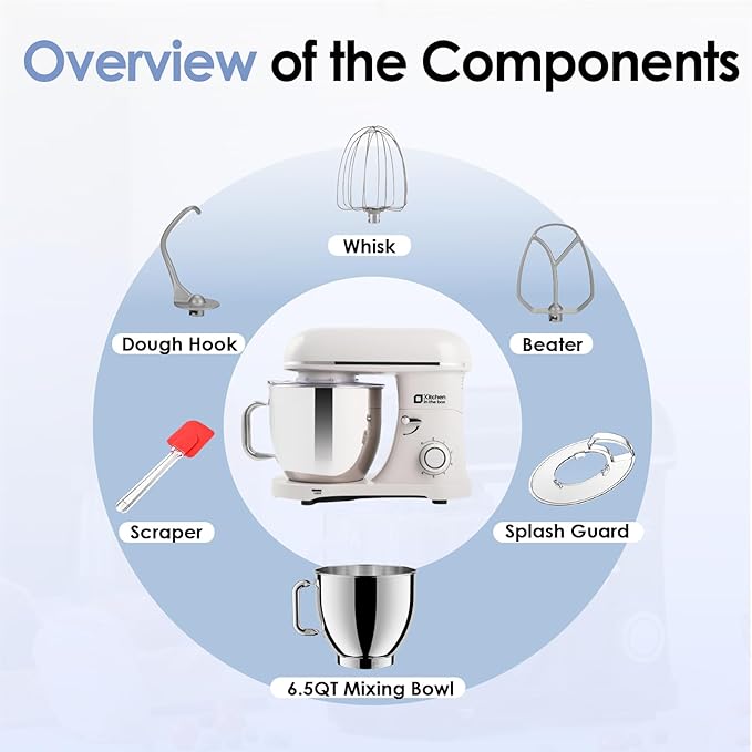 Kitchen in the box Stand Mixer - 900 Watt Heavy Dough Standing Mixers with 6.5 Quart Mixing Bowl, Tilt-head, Dough Hook, Whisk, Flat Beater and Splash Guard (White)