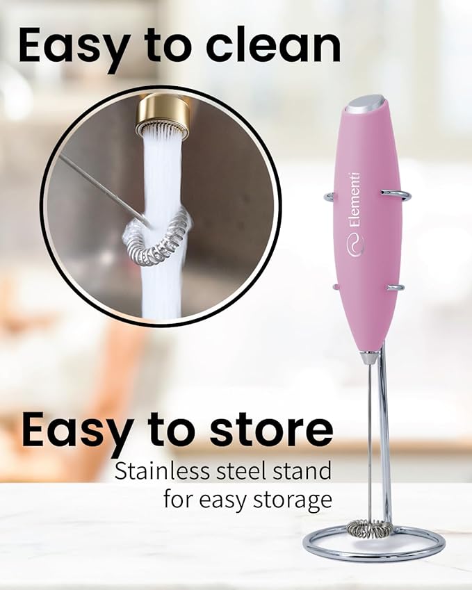 Elementi Electric Pink Milk Frother Handheld - Mini Whisk for Coffee, Matcha and Drinks - Portable Frother & Mixer with Stand - Pastel Pink