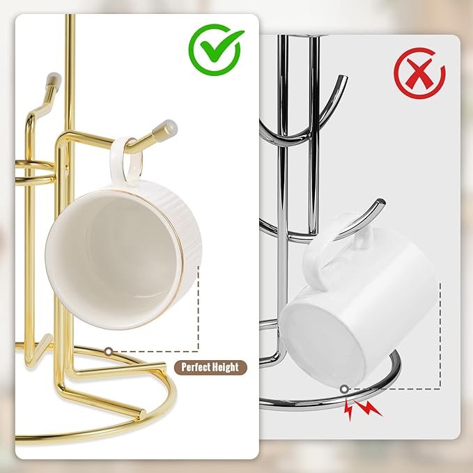HULISEN Mug Holder for Large Cups, Mug Tree for Counter with 6 Hooks, Metal Coffee Mug Stand for Easy Pick, Place and Display, Coffee Bar Accessories and Decor, Free Standing Mug Rack, Gold