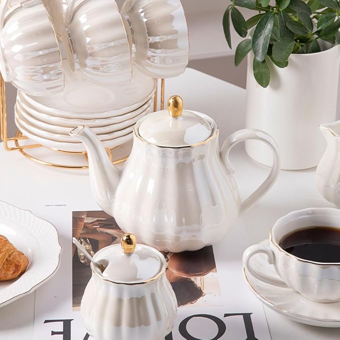 Porcelain Tea Sets British Royal Series, 8 OZ Cups& Saucer Service for 6, with Teapot Sugar Bowl Cream Pitcher Teaspoons and tea strainer for Tea/Coffee (Coral White)