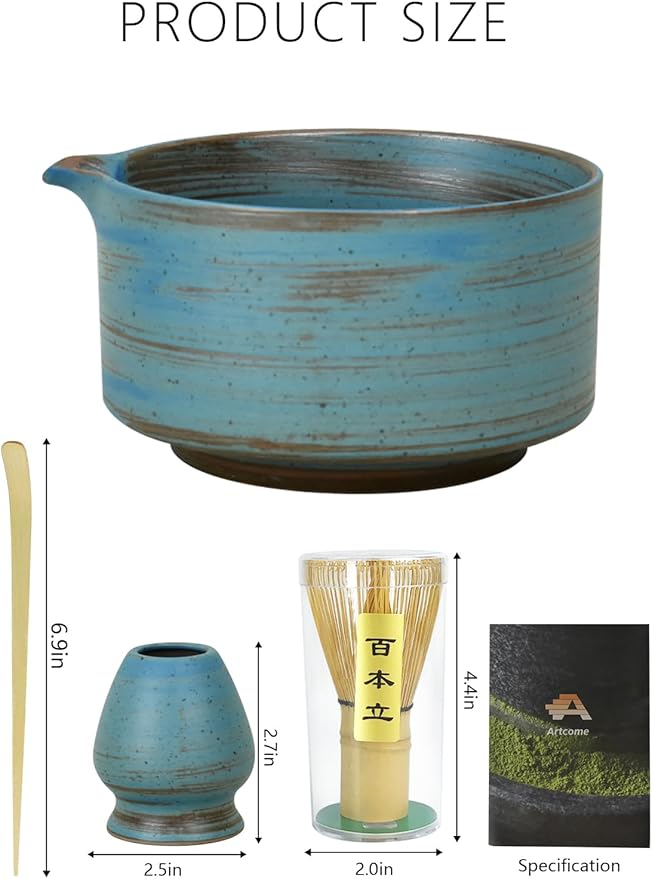 Artcome Japanese Matcha Bowl Set with Pouring Spout, Ceramic Matcha Whisk Holder, Bamboo Tea Scoop, Matcha Whisk, and Tea Manual - Traditional Chawan Set for Matcha Lovers