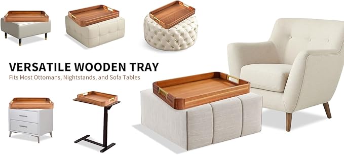 Acacia Wood Serving Tray with Metal Handles, 17x12in Food Drinks Tray for Coffee Table, Breakfast, Dinner & Bar, Rustic Decorative Storage Tray for Ottoman, Kitchen, Parties
