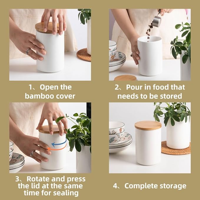 Sweejar Ceramic canisters for kitchen counter,Stackable Food Containers Set with Airtight Seal Bamboo Lid for Serving Ground Coffee, Tea, Spice, Flour and Sugar-Set of 3 (White)