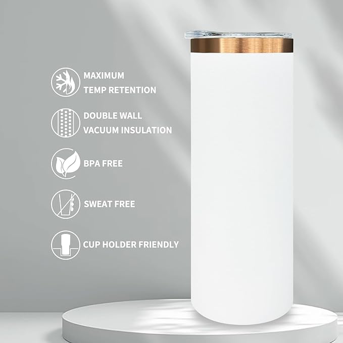 20 oz Skinny Tumblers Bulk 4 Pack, Stainless Steel Insulated Tumbler with Lids and Straws, Slim Double Wall Powder Coated Travel Coffee Mugs Reusable Cup for Hot Cold Drinks (White,4 pack)