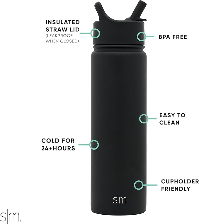 Simple Modern Water Bottle with Straw Lid Vacuum Insulated Stainless Steel Metal Cup Bottles | Reusable Leak Proof BPA-Free Flask for Gym Sports | Summit Collection | 22oz, Midnight Black