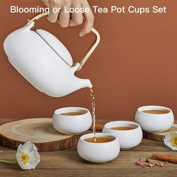 ZENS Modern Japanese Tea Set, 27 oz Ceramic Japanese Teapot with Fine Stainers and 4 Cups for Loose Leaf Tea Steeper, Wood Handle Matte Japanese Teapots Hot Tea Brewer for Tea Party Women Gifts