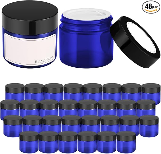 Bumobum 2 oz Glass Jars with Lids, 48 pack Blue Round Small Containers with Black Lids, Blank Labels & Inner Liners, Empty Cosmetic Containers for Sample, Powder, Cream, Lotion
