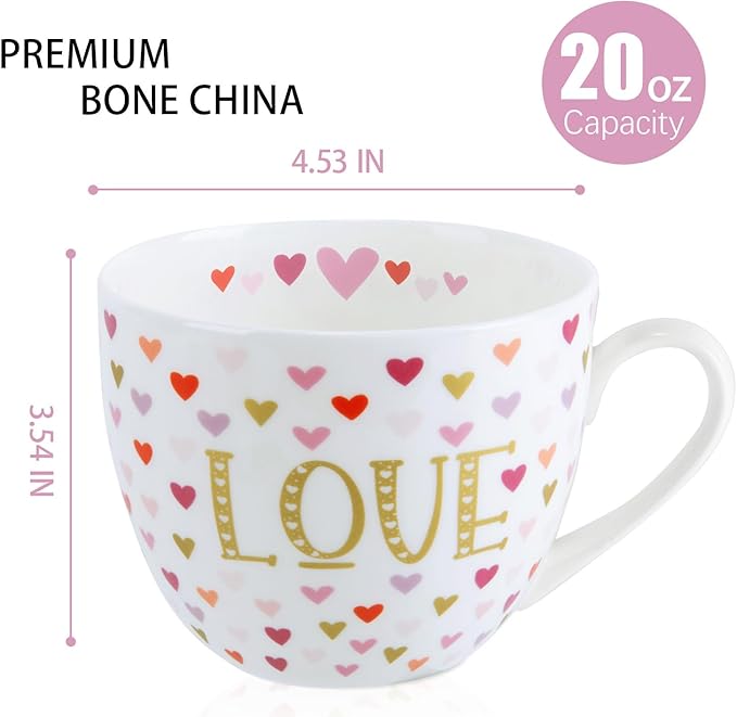 LOVE Mug with Hearts for Daily Coffee and Tea, Premium 20 oz Bone China Coffee Tea Hug Mug, Perfect Holiday, Valentine’s, and Birthday Gift for Loved Ones, Designed in England by Harvest Green Studio