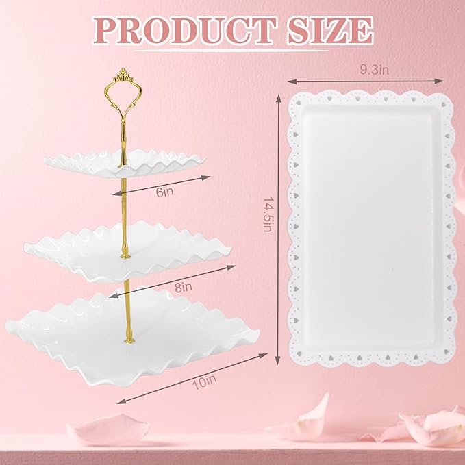 5 Pcs Dessert Table Display Set, White Plastic 2 Pcs Square 3 Tier Cupcake Stand Cup Cake Tower Stand with Metal Rod & 3 Pcs Serving Tray for Baby Shower, Tea Party, Wedding, Birthday Party