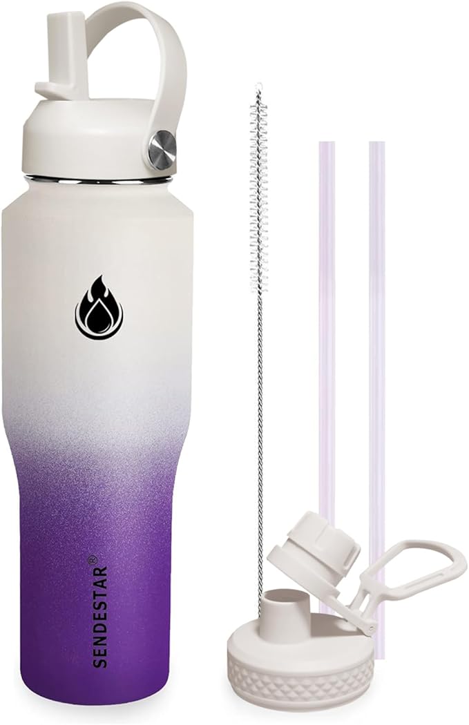 SENDESTAR 32oz Water Bottle Wide Mouth Stainless Steel Vacuum Insulated Double Wall with 2 Straw Lids Fit in Any Car Cup Holder TXIN-32-WV-1