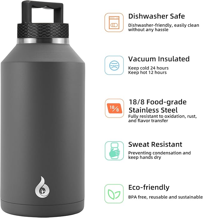 BJPKPK Half Gallon Water Bottle Insulated, Dishwasher Safe 64 oz Water Bottle with Handle, Leakproof BPA Free Water Jug, Large Stainless Steel Thermos for Sports, Grey