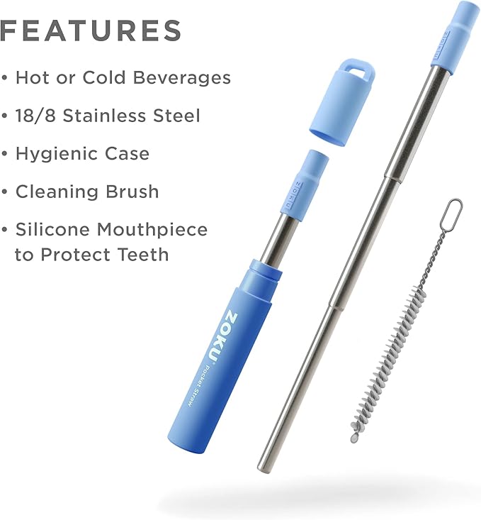 ZOKU Reusable Metal Straw with Case for Travel, Blue - Collapsible Stainless Steel Drinking Straw with Silicone Tip and Cleaner Brush, Ideal for Key Chains, Pockets, Purses