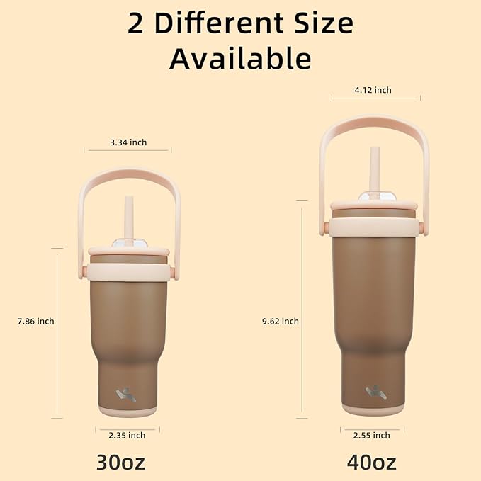 30 oz Tumbler with Side Handle, Insulated Water Bottle with Straw and 2 in 1 Lid, Stainless Steel Cup Travel Coffee Mug for Sports Office Gym,Brown