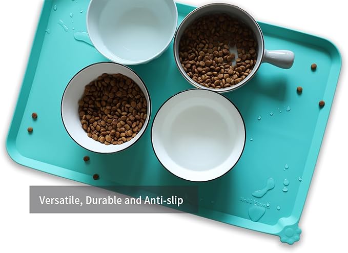 Hoki Found L Silicone Non Slip Pet Food Mats - Cat & Dog Bowl Placemats - Waterproof Feeding Mats for Carpet - Cool Mint