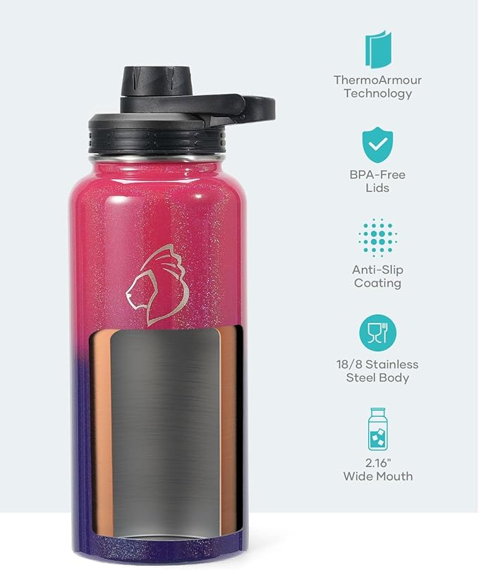 BUZIO 32 oz Water Bottle Insulated with Straw & 3 lid and Carrying Pouch, Leak Proof Anti-Slip Stainless Steel Water Flask Jug, Cold for 48 Hrs Double Vacuum Thermo Canteen, Pearlescent Red Black