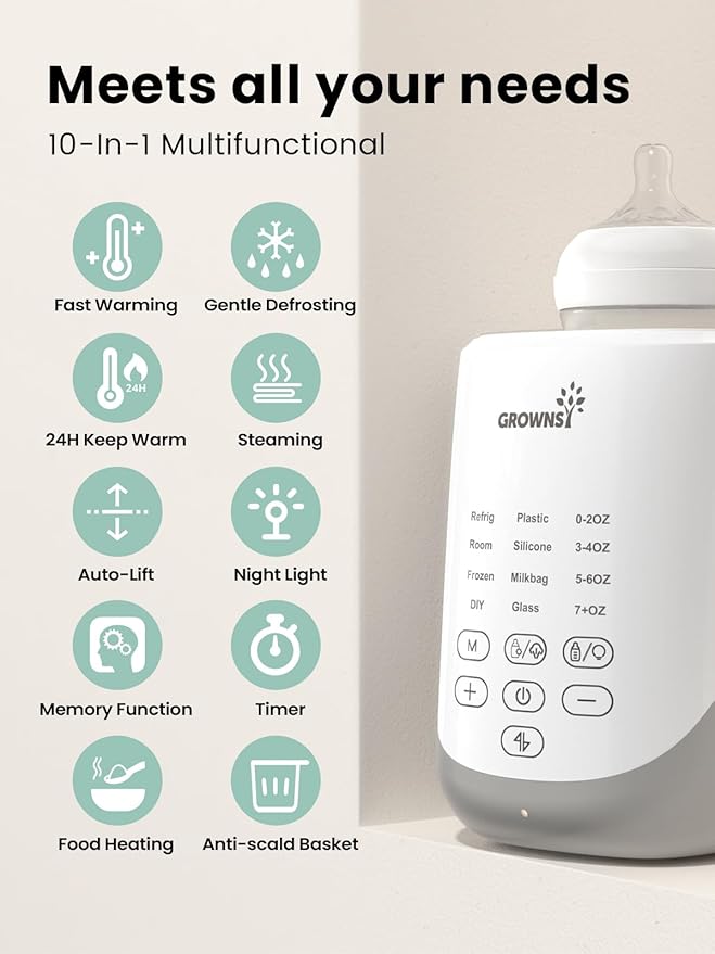 GROWNSY Nutri Bottle Warmer with Innovative Auto-Lift Feature, 10-in-1 Fast Baby Bottle Warmer with Night Light, Retain Nutrients Milk Warmer for Breastmilk&Formula