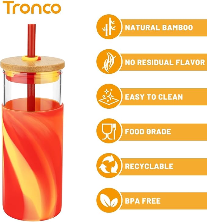 Tronco 20 oz Glass Tumbler with Straw and Lid- Glass Cup with Lid and Straw, Iced Coffee Cup Reusable, Smoothie Cups, Bamboo Lid and Protective Silicone Sleeve - BPA-Free