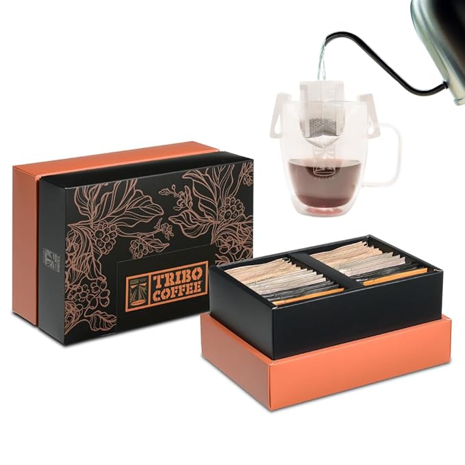 TRIBO COFFEE Single-Serve Portable Pour Over Drip Coffee - Fantastic Journey Variety Gift Box | Includes 30 servings - 15 types