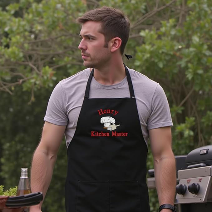 Personalized Chef Apron for Men, Custom Embroidered Design, Professional Kitchen Cooking BBQ Grilling for Dad, Decorated in USA