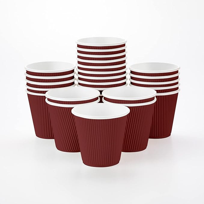 Restaurantware 8 Ounce Double Wall Disposable Coffee Cups, 500 Insulated Crimson Paper Tumblers, Ripple Wall Design, Lids Sold Separately for Hot Drinks like Tea, Hot Chocolate, and More