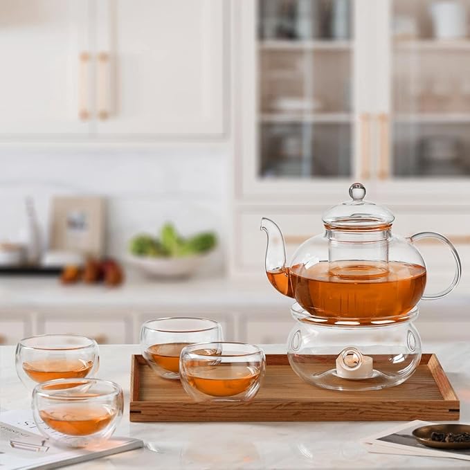 CnGlass 33.8oz Glass Teapot with Removable Infuser,Stovetop Safe Tea Kettle with 4-Pack Glass Teacups 3.4oz and Tea Warmer 5.3 in/13.5cm Diameter