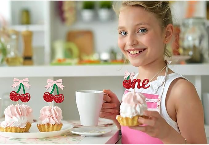 24 Pack Cherry 1st Birthday Cupcake Toppers, Glitter Cherry First Birthday Cake Pick for Fruits Theme One Birthday Party Cake Decorations Supplies (One)