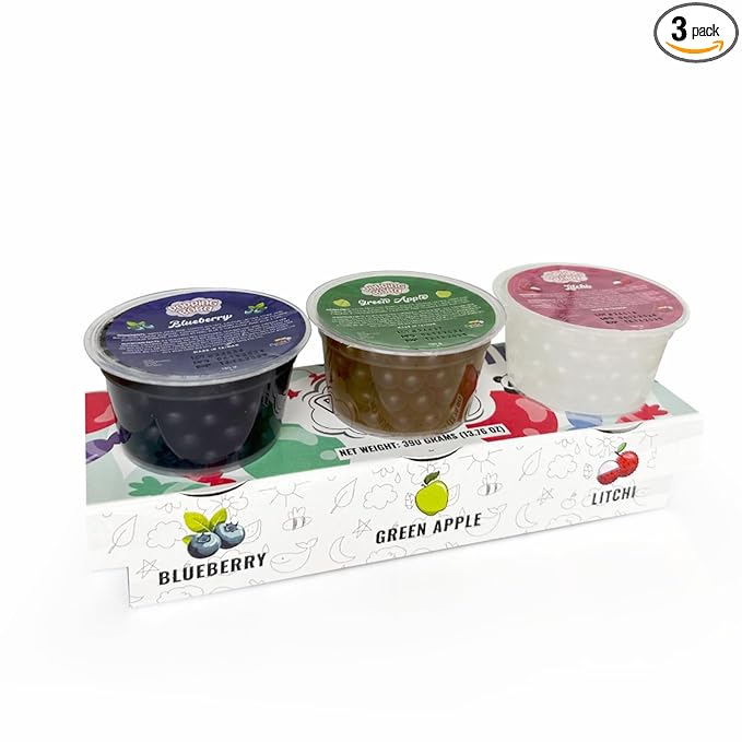 Panda Products Popping Boba 3-Flavor Party Kit – Blueberry, Green Apple, Lychee | Bursting Boba Pearls | 130g Each