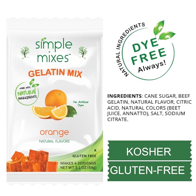 Simple Mixes Natural Gelatin Variety Pack, 2 Each: Strawberry, Orange & Lime, Healthy, Dye-Free, No Gluten or Fat, Kosher, 6 Pack