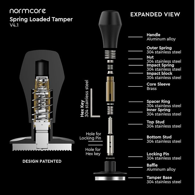 Normcore 58mm Coffee Tamper V4.1 with Click Feedback, Self-Leveling Spring-Loaded Design, 304 Stainless Steel Flat Base for 58mm Espresso Portafilters, Black Anodized Aluminum Handle
