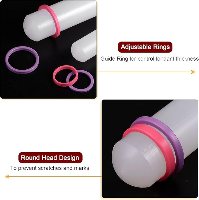 HARFINGTON Fondant Rolling Pin 13 Inch x 0.98 Inch Adjustable Guide Rings Non-Stick PP Plastic Fondant Roller Dough Roller Kitchen Decorating Tools for Cookie Pastry Pizza Clay
