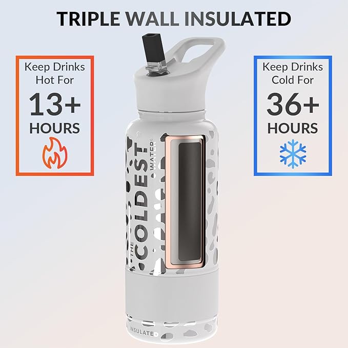 Coldest Insulated Water Bottle with Straw Lid - Stainless Steel Metal Insulated Bottle for Men & Women (Silver Leopard, 32 oz)