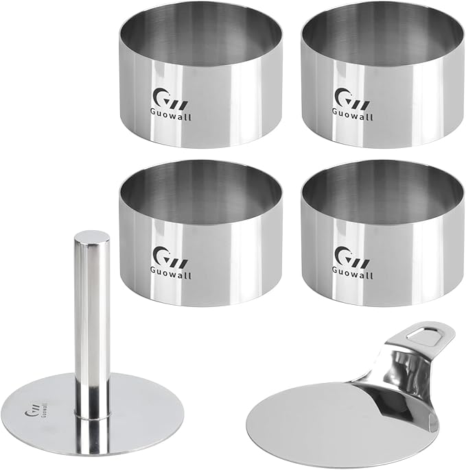 Guowall 4 pack Seamless Mousse Cake Ring set Stainless Steel 4 inch Round Food Mold Dessert Cutter for Baking (Includes 1 Lifter, 1 Pusher and 4 Rings)