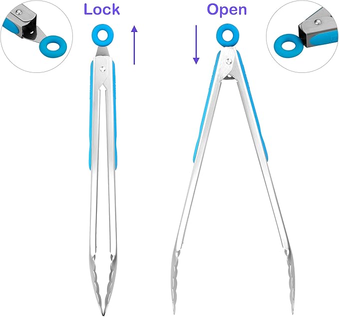 304 Stainless Steel Kitchen Cooking Tongs, 12" and 14" Set of 2 Sturdy Grilling Barbeque Brushed Locking Food Tongs with Ergonomic Grip, Blue