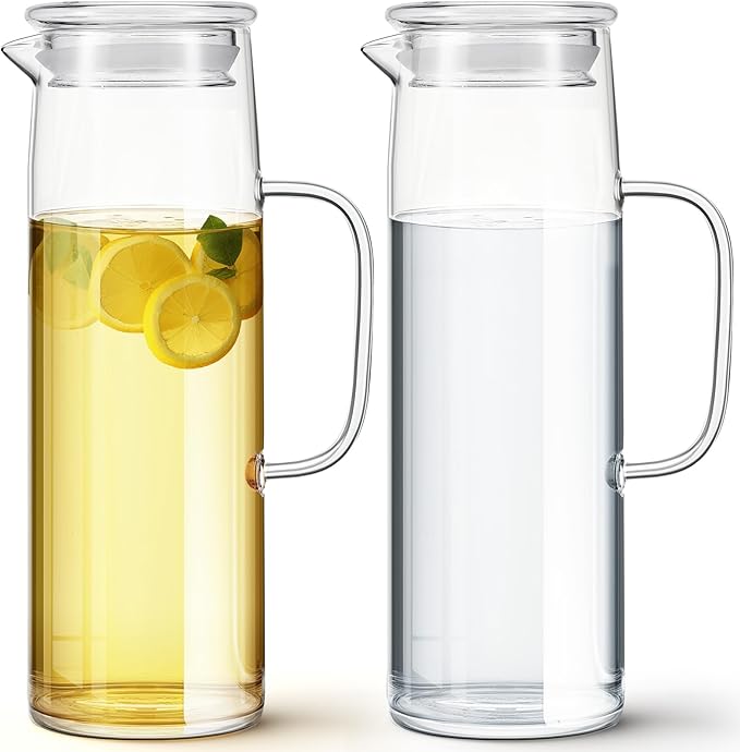 Hsei 2 Sets Glass Pitcher with Lid, 50 oz / 1500 ml Water Carafe with Handles Hot Cold Beverage Water Jar Glass Jug for Tea Juice Milk Coffee Iced Beverage (Glass Lid)