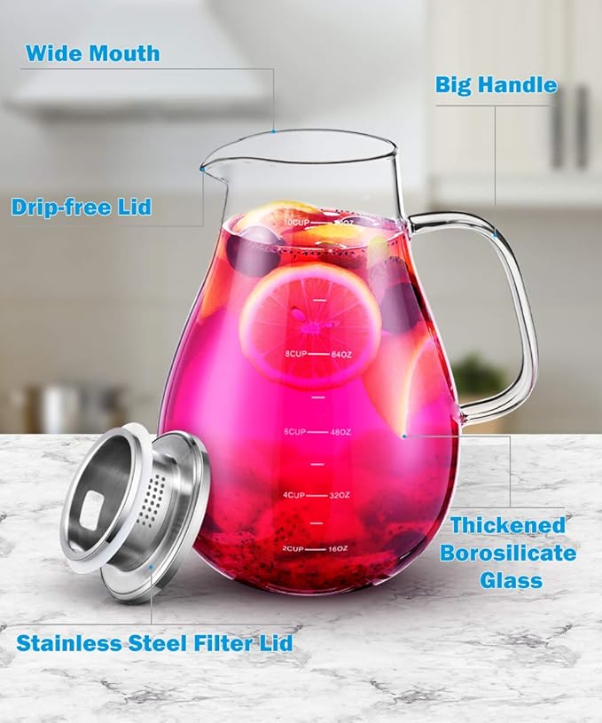 Glass Pitcher, veecom 80oz Water Pitchers with Lid and Spout for Drinks, Hot&Cold Beverage, Juice, Iced Tea Pitcher for Fridge, Borosilicate Glass Carafe/Jug with Brush