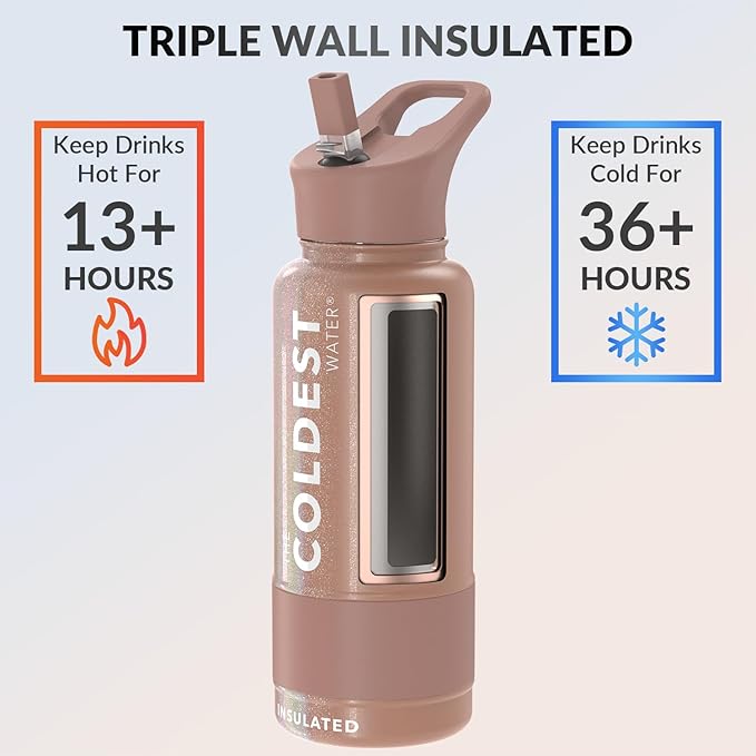 Coldest Insulated Water Bottle with Straw Lid - Stainless Steel Metal Insulated Bottle for Men & Women (Golden Rose Glitter, 32 oz)