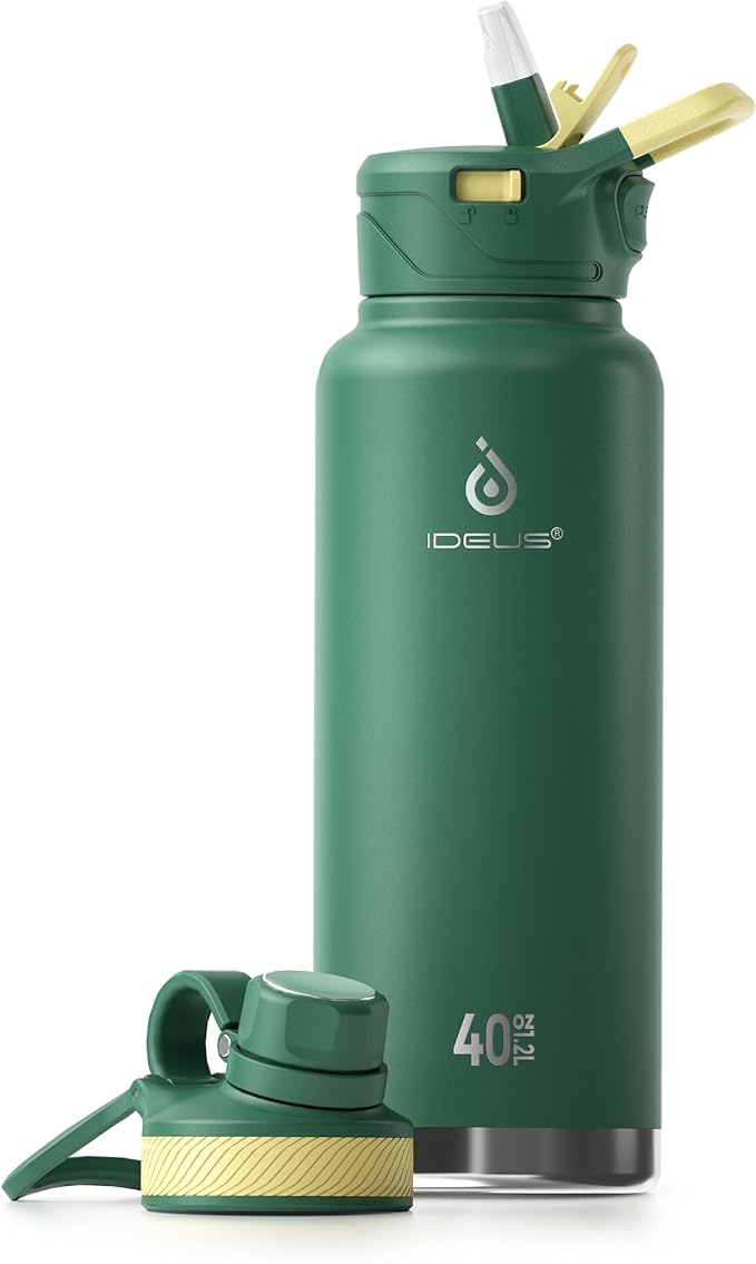 IDEUS Insulated Stainless Steel Water Bottle with 2 Leak-Proof Lids, Thermal Water Flask for Hiking Biking, 40oz, Green
