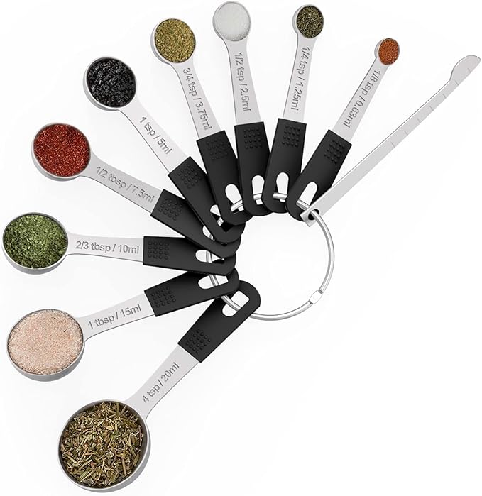 Measuring Cups & Spoons Set of 18 - Wildone Stainless Steel Nesting Measuring Cups 8 Piece and 9 Measuring Spoons, 1 Leveler, Ideal for Dry and Liquid Ingredients (Black)