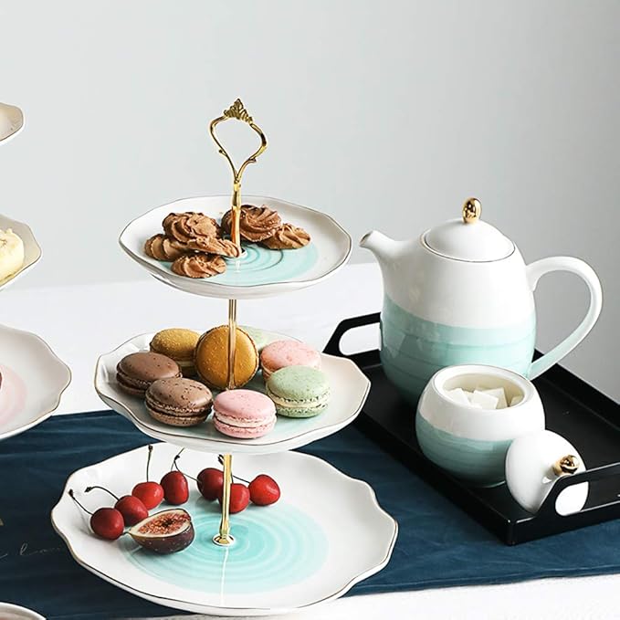 Sweejar 3 Tier Ceramic Cake Stand,Dessert Stand,Cupcake Stand,Tea Party Pastry Serving Platter,Food Display Stand for Tea/Coffee/Birthday/Wedding/Women/Afternoon/Gift - Blue