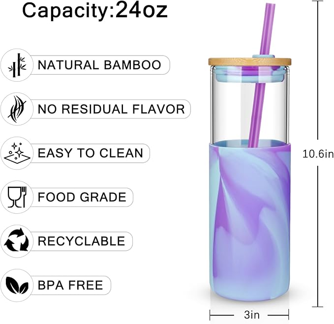 Tronco 24 oz Glass Tumbler with Straw and Lid - Glass Cup with Lid and Straw, Smoothie Cup, Iced Coffee Cup - Bamboo Lid and Protective Silicone Sleeve - BPA-Free