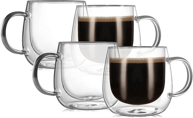 CNGLASS 10oz Double Walled Glass Coffee Mugs(4-pack),Clear Coffee Cups with Handle,Glass Espresso Mugs for Latte,Cappuccino,Tea
