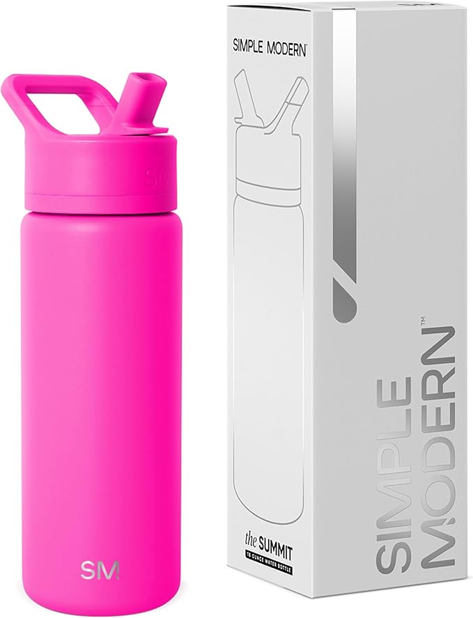 Simple Modern Kids Water Bottle with Straw Lid Vacuum Insulated Stainless Steel Metal Thermos Bottles | Reusable Leak Proof BPA-Free Flask for School | Summit Collection | 18oz, Raspberry Vibes