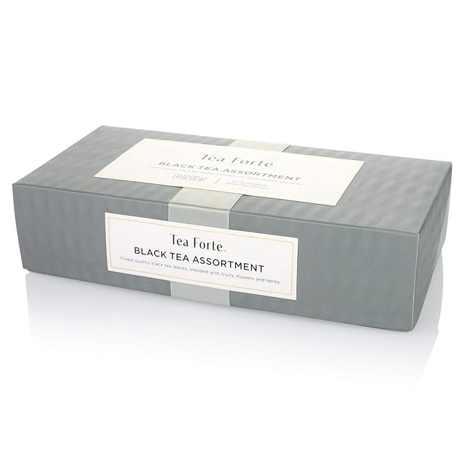 Tea Forte Assorted Black Tea Petite Presentation Box Tea Gift Set Sampler, 10 Count, 2 of Each Variety Individually Wrapped Handcrafted Pyramid Infuser Bags