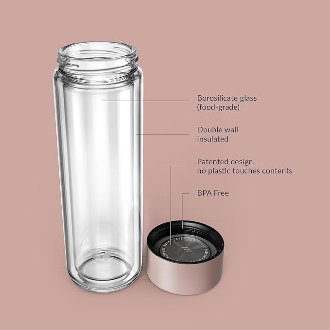 Glass Multi Tea Infuser Bottle 14oz - Double Wall Borosilicate Glass Flask | No Plastic Touches Contents | Perfect for Office or Home - Rose Pink